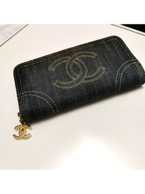 Authentic Chanel Denim Long Flap Wallet Gold CC Zippy